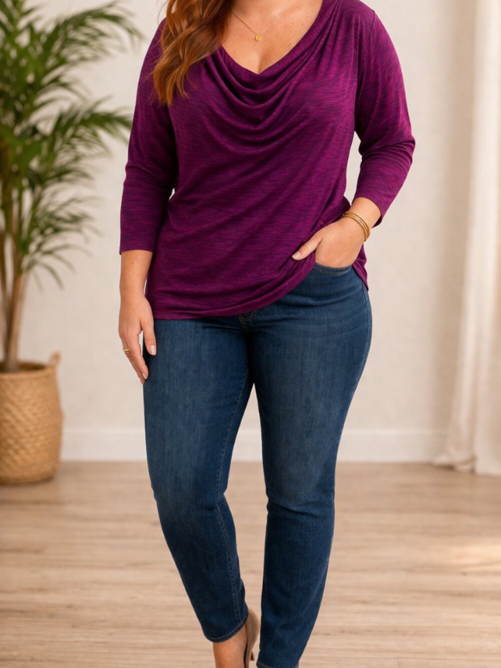 Jones Studio Cowl Neck Knit Top | 3/4 Sleeve Purple Draped Shirt